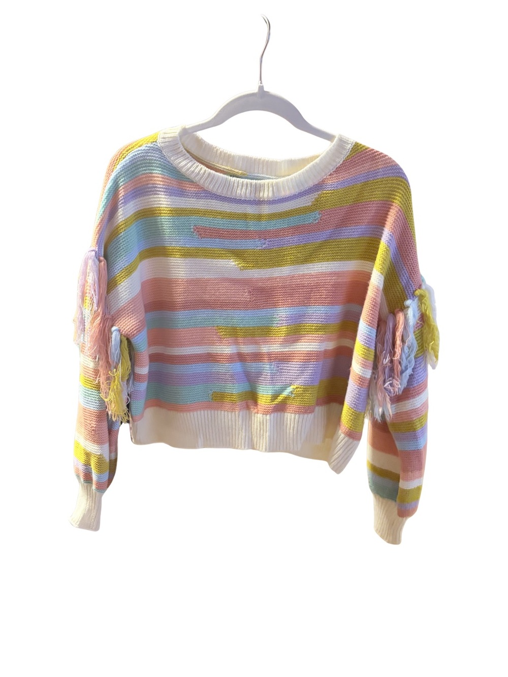 Large SHEIN Pastel Rainbow, Fringe Sleeves, Cropped, Knit Sweater